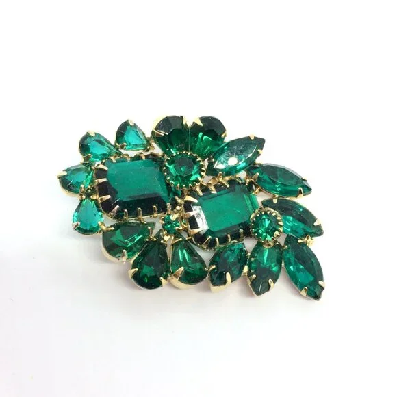 VINTAGE EMERALD Rhinestone Brooch  Earring Set Green Glass Prong Clip on MCM - Picture 12 of 16